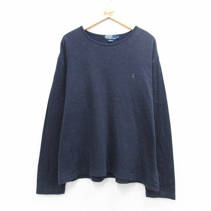 XL★古着 ラルフローレン 長袖 ブランド Tシャツ メンズ 90年代 90s ワンポイントロゴ 大きいサイズ コットン クルーネック 紺 ボーダー 26apr14