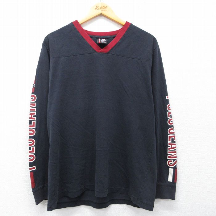 XL★古着 ラルフローレン ポロジーンズ 長袖 ブランド フットボール Tシャツ メンズ ビッグロゴ コットン Vネック 黒他 26apr16