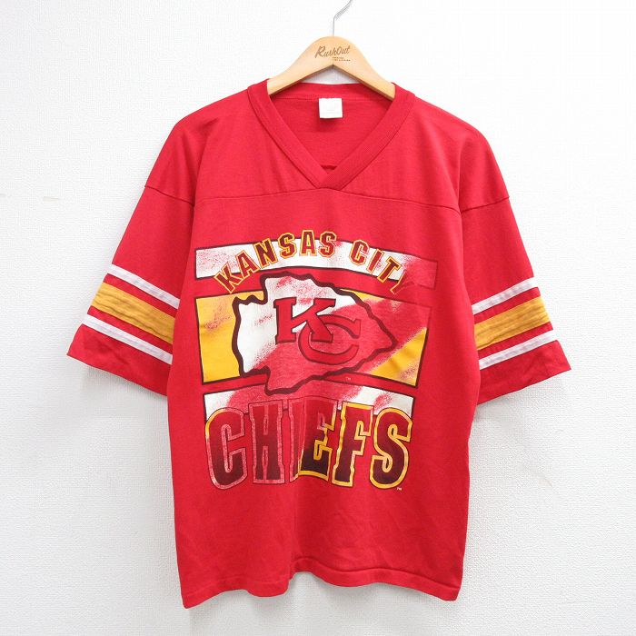L★古着 半袖 ビンテージ フットボール Tシャツ メンズ 90年代 90s NFL カンザスシティチーフス Vネック USA製 赤他 アメフト スーパーボウル 26apr21