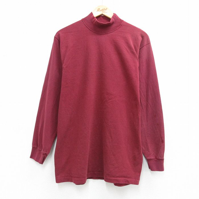 L★古着 長袖 ビンテージ Tシャツ メンズ 90年代 90s 無地 コットン モックネック ハイネック USA製 エンジ 26apr21