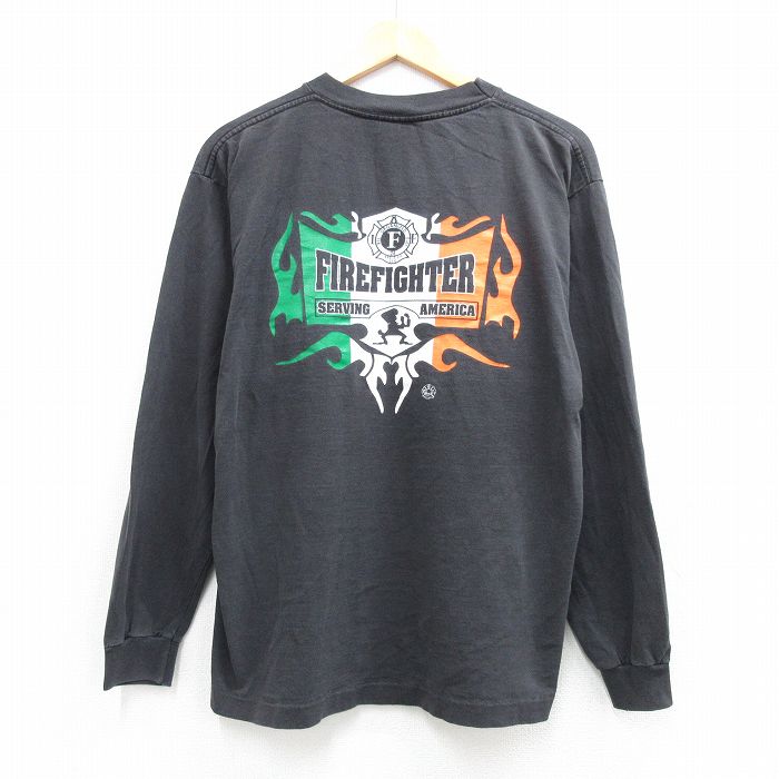 L★古着 長袖 ビンテージ Tシャツ メンズ 90年代 90s FIRE FIGHTER コットン クルーネック USA製 黒 26apr21