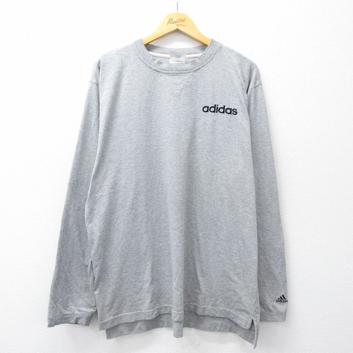 XL★古着 アディダス adidas 長袖 ビンテージ Tシャツ メンズ 00年代 00s ワンポイントロゴ クルーネック グレー 霜降り 3本ライン 26apr22