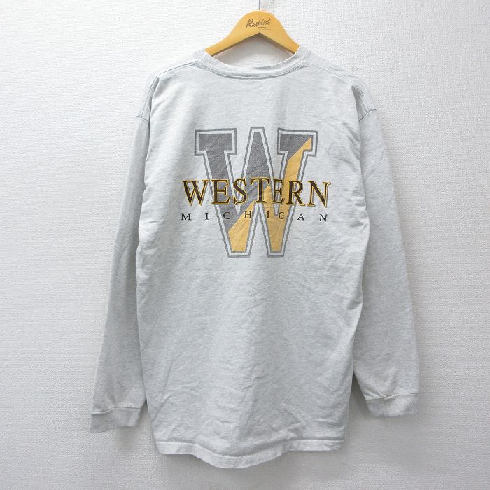 XL★古着 ジャンスポーツ 長袖 ビンテージ Tシャツ メンズ 90年代 90s ミシガン レスリング コットン クルーネック USA製 薄グレー 霜降り 26apr22