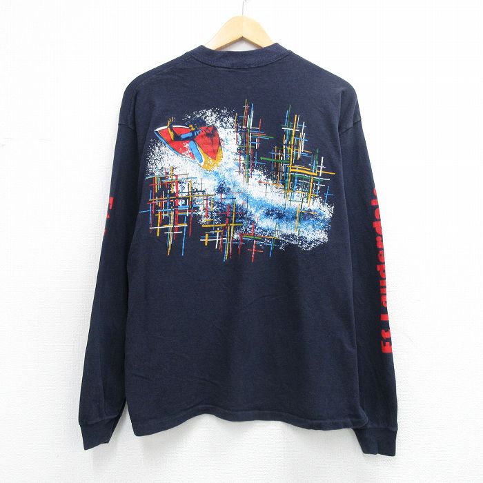 XL★古着 長袖 ビンテージ Tシャツ メンズ 70年代 70s サーフィン Lauderdale 胸ポケット付き コットン クルーネック USA製 濃紺【spe】 26apr28
