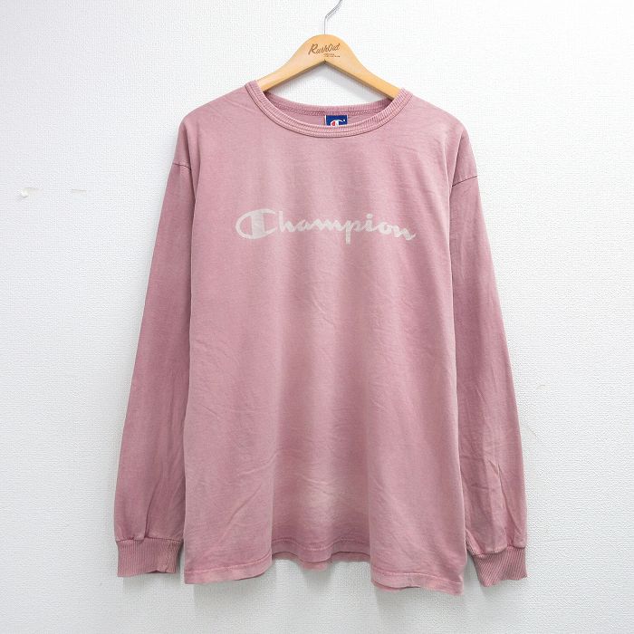 XL★古着 チャンピオン Champion 長袖 ビンテージ Tシャツ メンズ 90年代 90s ビッグロゴ フェード コットン クルーネック USA製 ピンク系【spe】 26apr28