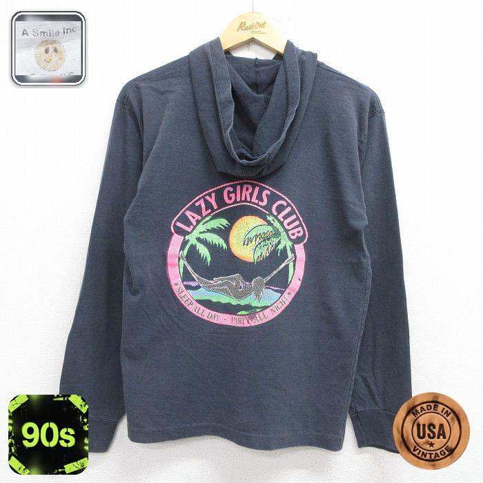 90s 長袖Tシャツ LAZYGIRLSプリント ブラック メンズM相当 | 古着