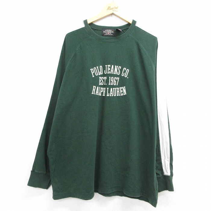 ラルフローレン ラグラン長袖Tシャツ ビッグロゴフロッキープリント グリーン メンズXL相当 | 古着