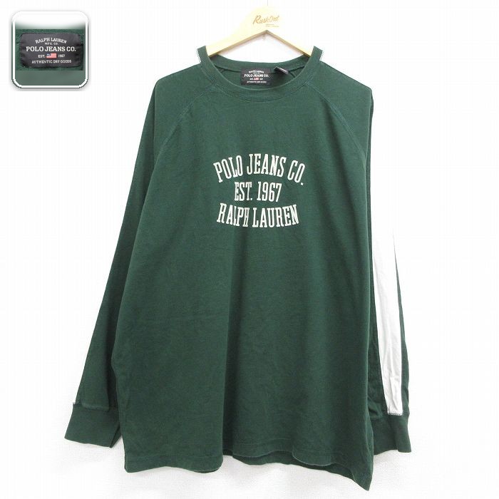 ラルフローレン ラグラン長袖Tシャツ ビッグロゴフロッキープリント グリーン メンズXL相当 | 古着