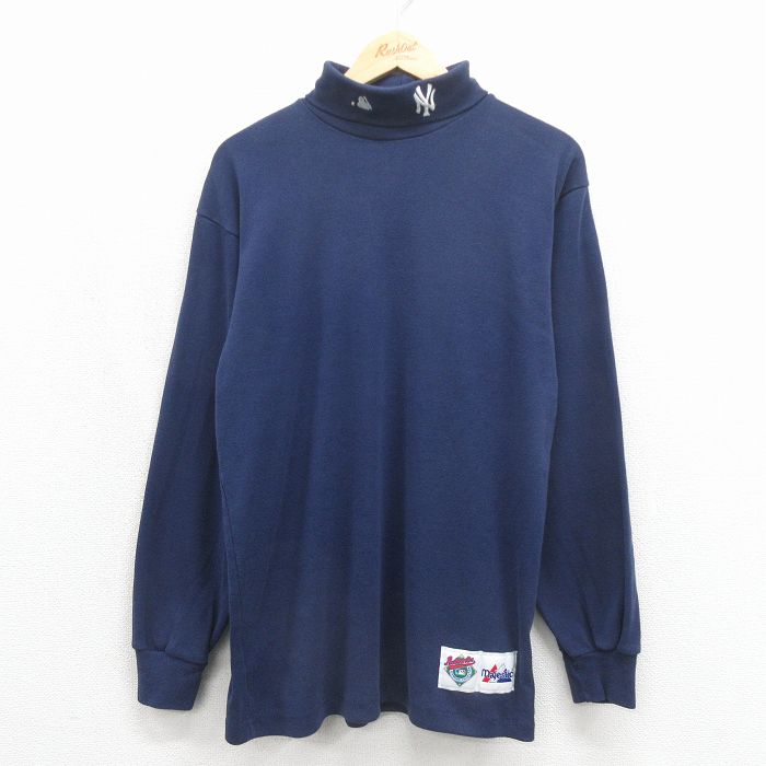 XL★古着 マジェスティック 長袖 ビンテージ Tシャツ メンズ 90年代 90s MLB ニューヨークヤンキース タートルネック ハイネック USA製 紺 メジャーリーグ ベースボール 野球【spe】 26may11