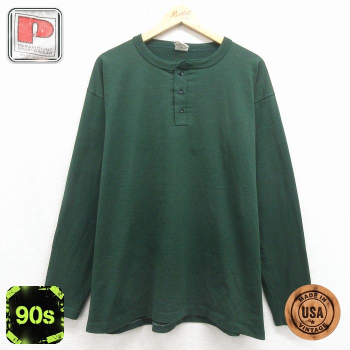 90s 長袖Tシャツ ヘンリーネック グリーン メンズXL相当 | 古着