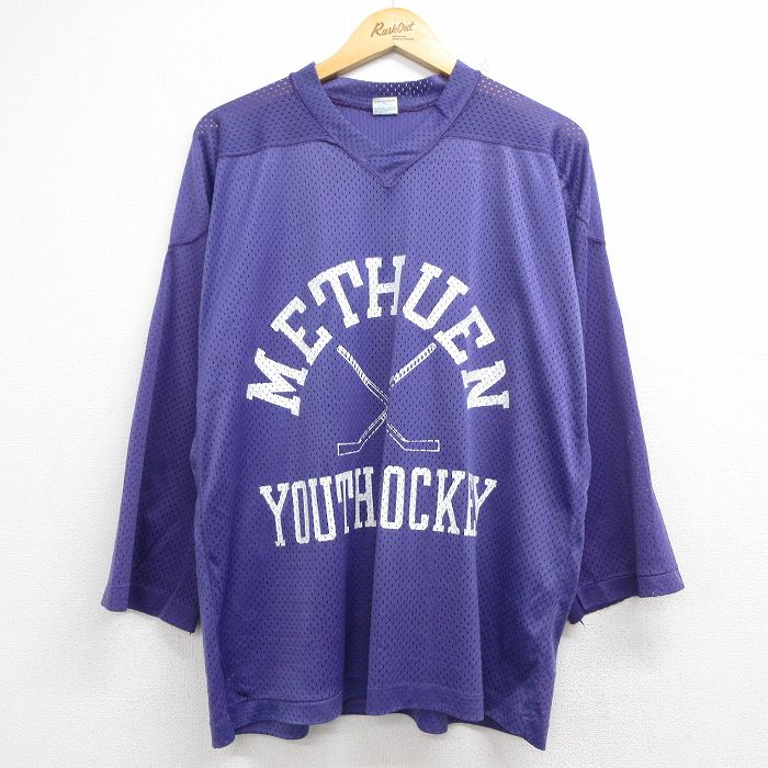 XL★古着 チャンピオン champion 長袖 ビンテージ Tシャツ メンズ 70年代 70s METHUEN アイスホッケー メッシュ地 Vネック USA製 パープル ユニフォーム ゲームシャツ【spe】 26may21
