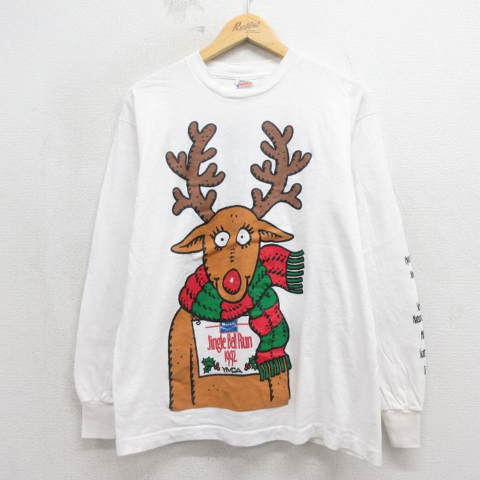 L★古着 長袖 ビンテージ Tシャツ メンズ 90年代 90s トナカイ コットン クルーネック USA製 ホワイト【spe】 26may21