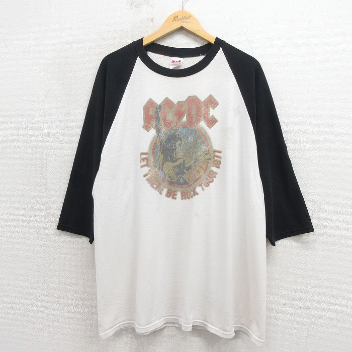 XL★古着 7分袖 ビンテージ ロック バンド Tシャツ メンズ 00年代 00s AC/DC コットン ラグラン ホワイト【spe】 26may21