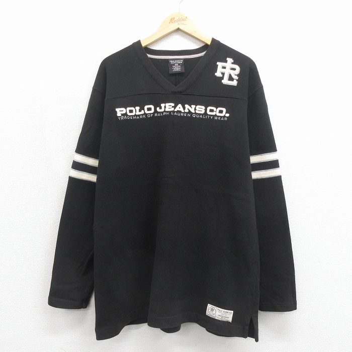 L★古着 ラルフローレン ポロジーンズ 長袖 ブランド フットボール Tシャツ メンズ ビッグロゴ 刺繍 コットン Ｖネック ブラック【spe】 26may27