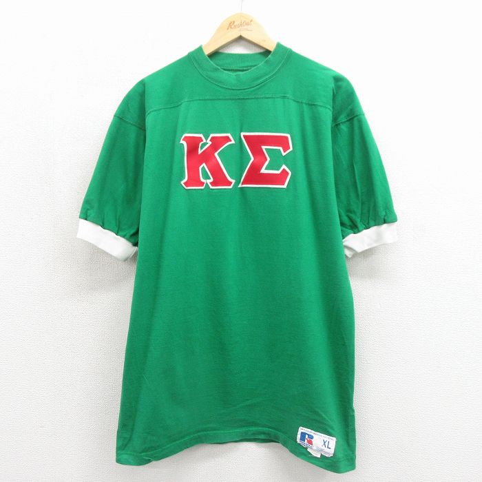 L★古着 ラッセル 半袖 ビンテージ フットボール Tシャツ メンズ 90年代 90s ギリシャ文字 コットン クルーネック USA製 グリーン【spe】 26may27