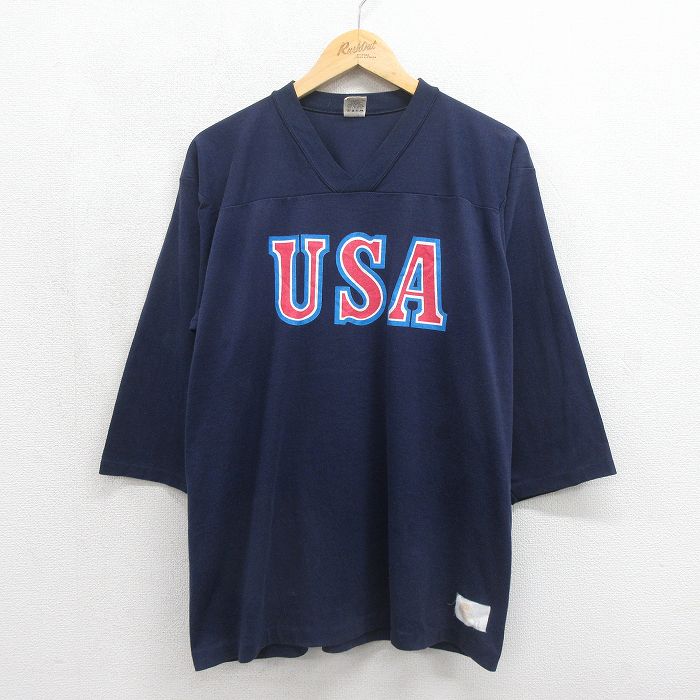 80s 7分袖フットボールTシャツ USAロゴ ネイビー メンズXL相当 | 古着