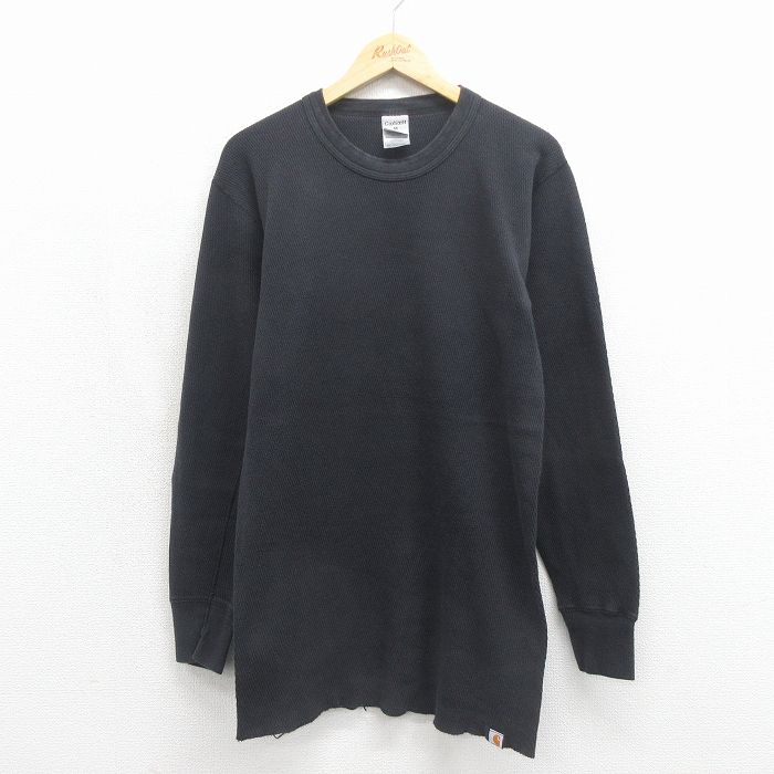 M★古着 カーハート 長袖 サーマル Tシャツ メンズ 無地 ロング丈 コットン クルーネック USA製 ブラック【spe】 26jun09
