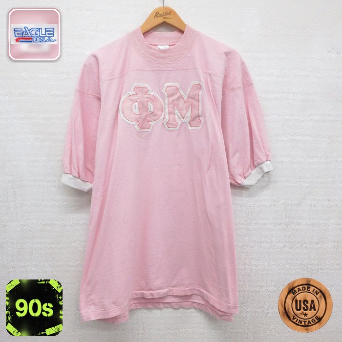 90s 半袖フットボールTシャツ ギリシャ文字 ピンク メンズXL相当 | 古着