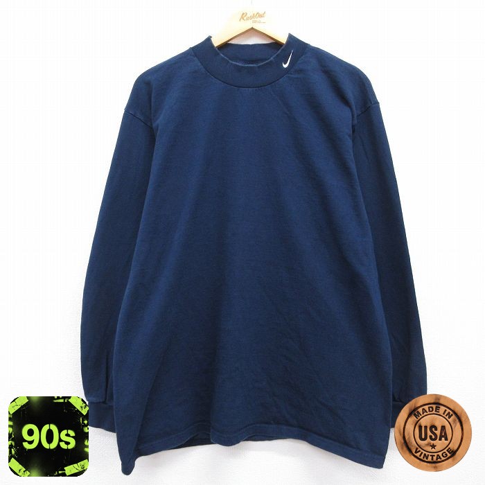 ナイキ 90s 長袖Tシャツ ワンポイントロゴ ネイビー メンズXL相当 | 古着