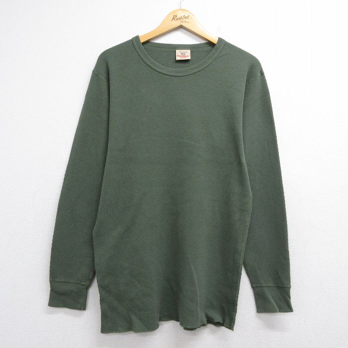 M★古着 長袖 ビンテージ サーマル Tシャツ メンズ 90年代 90s 無地 コットン クルーネック USA製 カーキ【spe】 26jun30