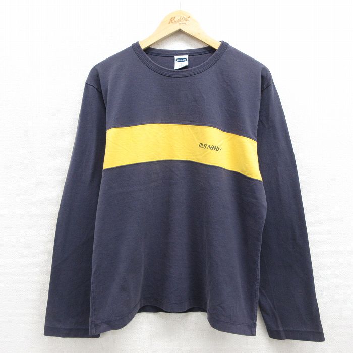 L★古着 オールドネイビー OLD NAVY 長袖 ビンテージ Tシャツ メンズ 00年代 00s ワンポイントロゴ コットン クルーネック ネイビー 26jul04