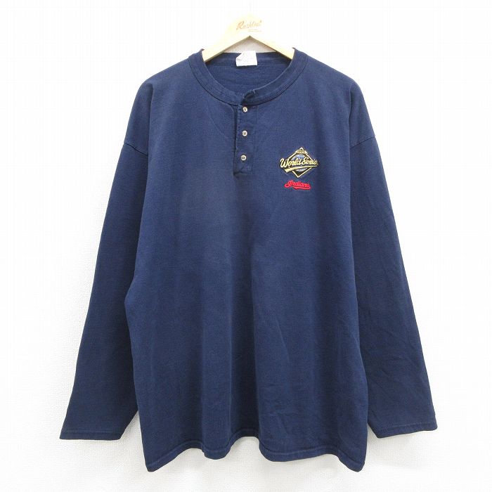 XL★古着 長袖 ビンテージ Tシャツ メンズ 90年代 90s MLB クリーブランドインディアンス 大きいサイズ コットン ヘンリーネック USA製 ネイビー 26jul04