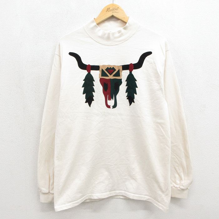 M★古着 長袖 ビンテージ Tシャツ メンズ 00年代 00s バッファロー コットン モックネック ハイネック 生成り ベージュ 26jul04
