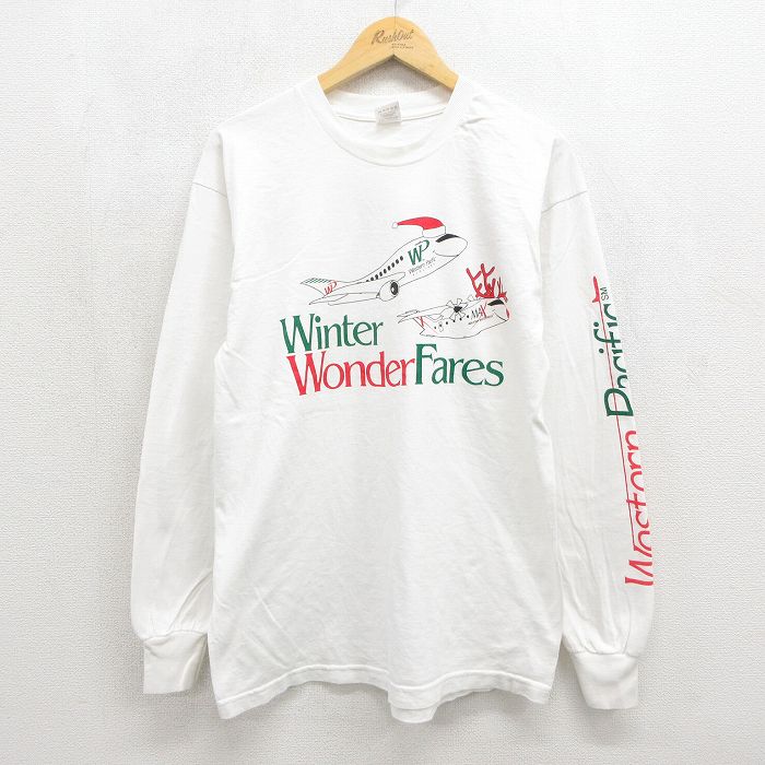 L★古着 フルーツオブザルーム 長袖 ビンテージ Tシャツ メンズ 90年代 90s 飛行機 コットン クルーネック USA製 ホワイト 26jul04