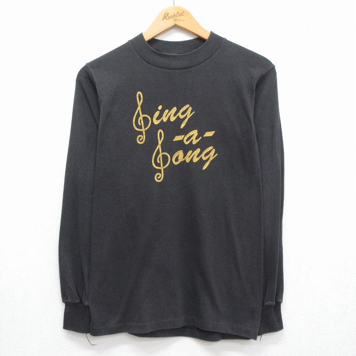 90s 長袖Tシャツ Sing a Songト音記号 ブラック メンズXS相当 | 古着