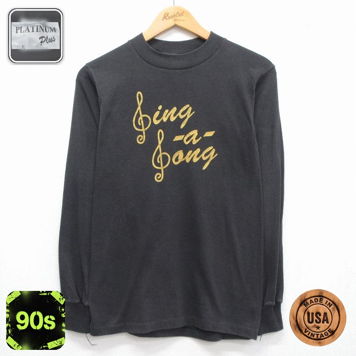 90s 長袖Tシャツ Sing a Songト音記号 ブラック メンズXS相当 | 古着