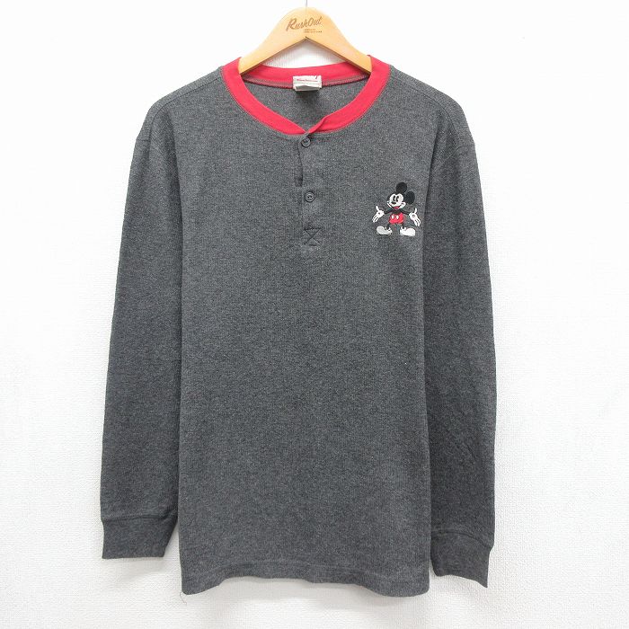 XL★古着 長袖 Tシャツ メンズ ディズニー ミッキー ヘンリーネック グレー 霜降り 26jul13