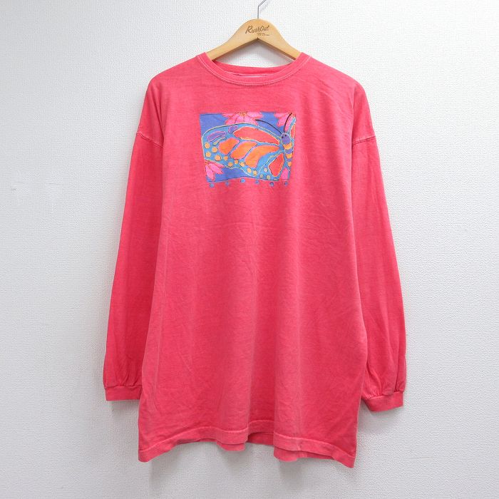90s 長袖Tシャツ チョウ ピンク メンズXL相当 | 古着