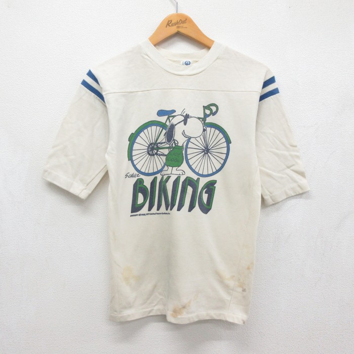 S★古着 ARTEX 半袖 Tシャツ メンズ 70年代 70s フットボール スヌーピー バイキング コットン クルーネック USA製 ベージュ【spe】 26aug19