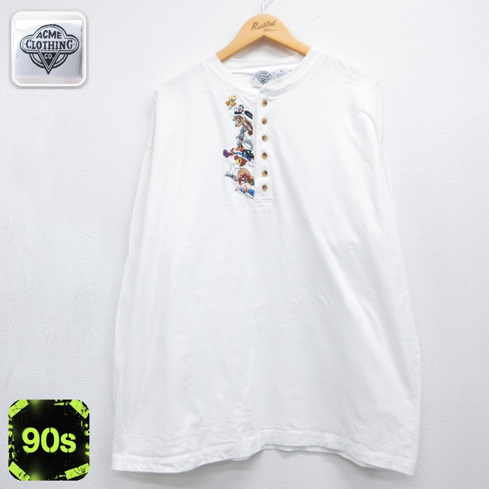 ACME CLOTHING 90s ノースリーブTシャツ ルーニーテューンズ刺繍 ホワイト メンズXL相当 | 古着