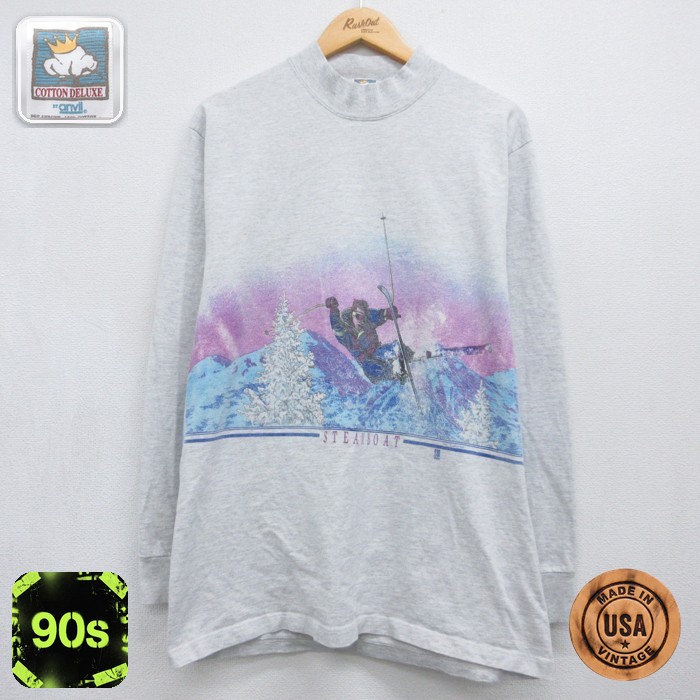 90s 長袖Tシャツ スキープリント グレー メンズL相当 | 古着