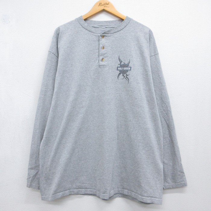 XL★古着 Harley-Davidson 長袖 ビンテージ Tシャツ メンズ 00年代 00s コットン ヘンリーネック グレー 霜降り【spe】 26sep02