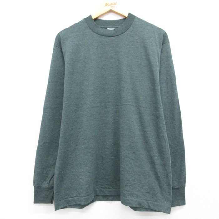 L★古着 FRUIT OF THE LOOM 長袖 ビンテージ Tシャツ メンズ 90年代 90s 裏毛 クルーネック USA製 グリーン 霜降り 26sep02