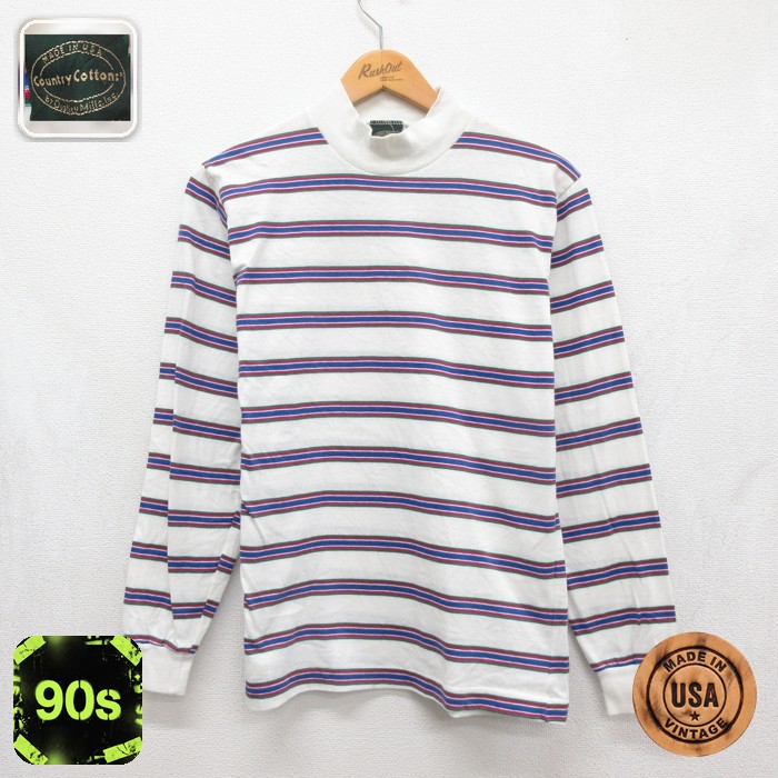 Country Cottons 90s 長袖Tシャツ モックネック ホワイトボーダー メンズM相当 | 古着