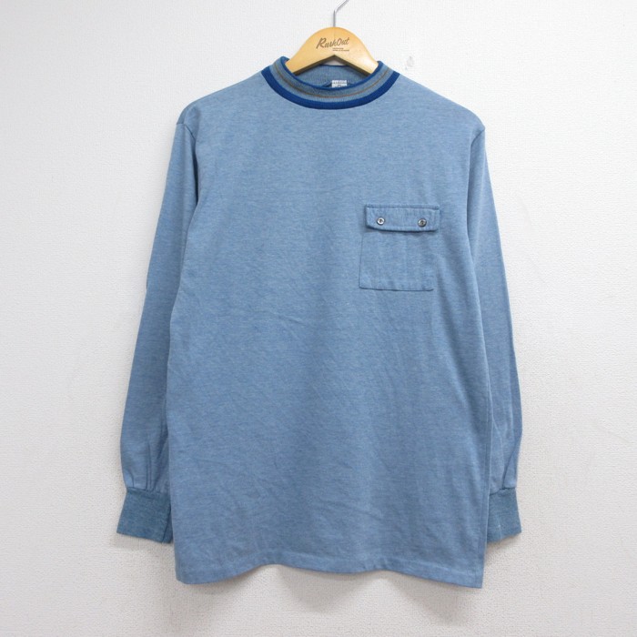 M★古着 Castleford 長袖 ビンテージ Tシャツ メンズ 70年代 70s ポケット付き コットン クルーネック ブルー 霜降り【spe】 26sep04