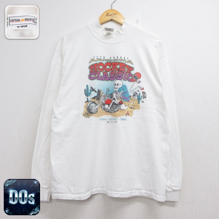 anvil 長袖 ビンテージ Tシャツ 00s アリゾナ ホッケー スケルトン コットン クルーネック ホワイト メンズM相当 | 古着