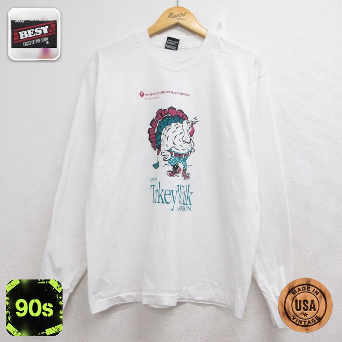 フルーツオブザルーム 90s 長袖Tシャツ アメリカンハート ホワイト メンズM相当 | 古着
