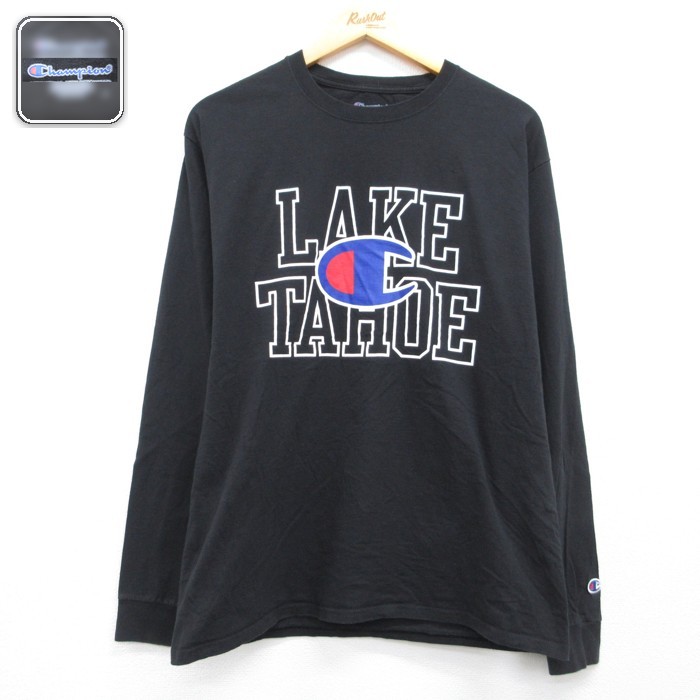 チャンピオン 長袖Tシャツ LAKEビッグロゴ ブラック メンズL相当 | 古着