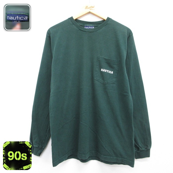 ノーティカ 90s 長袖Tシャツ ワンポイントロゴ グリーン メンズL相当 | 古着