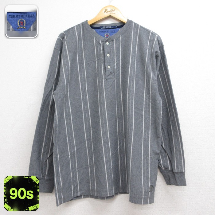 トミーヒルフィガー 90s 長袖Tシャツ 刺繍 グレーストライプ メンズXL相当 | 古着