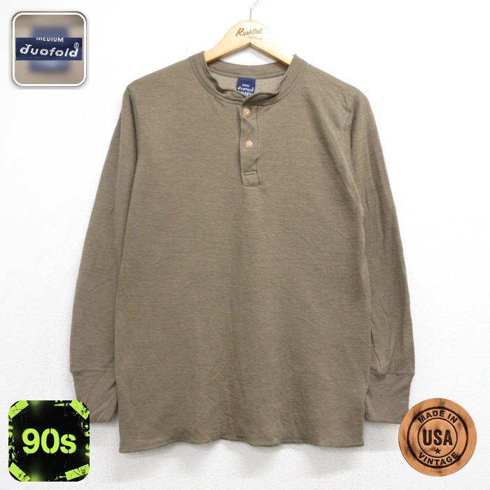 duofold 90s 長袖ヘンリーネックTシャツ カーキ メンズM相当 | 古着
