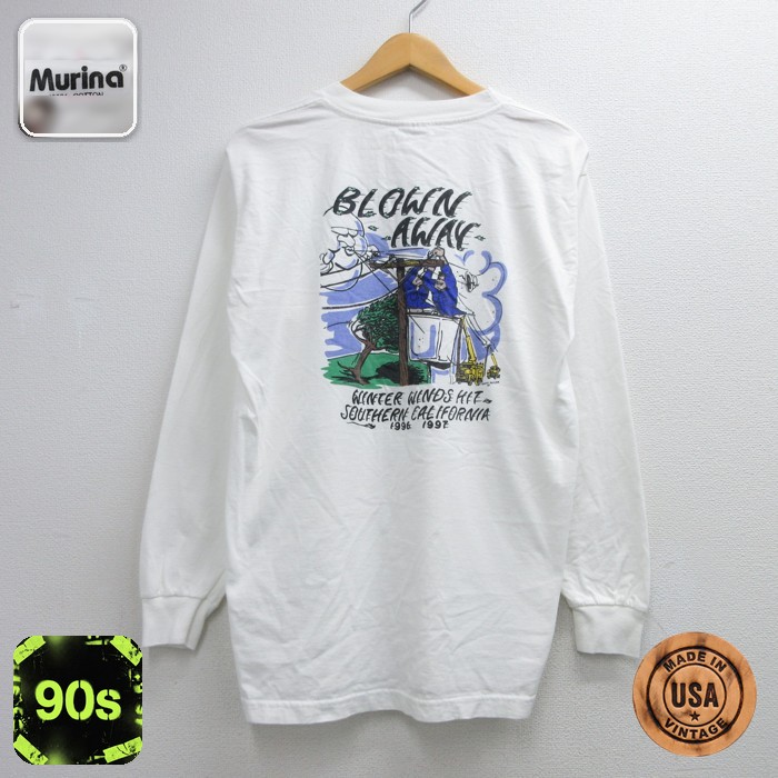 Murina 長袖 ビンテージ Tシャツ 90s コットン クルーネック USA製 ホワイト メンズL相当 | 古着