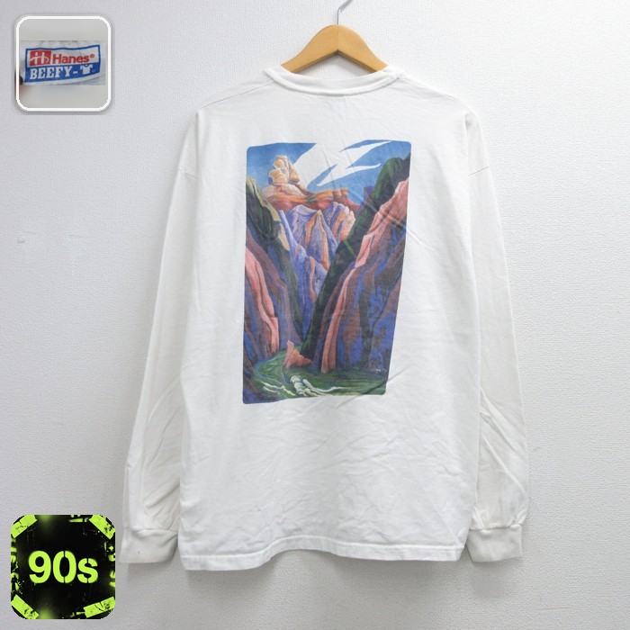 ヘインズ 90s 長袖Tシャツ グランドキャニオン ホワイト メンズXL相当 | 古着