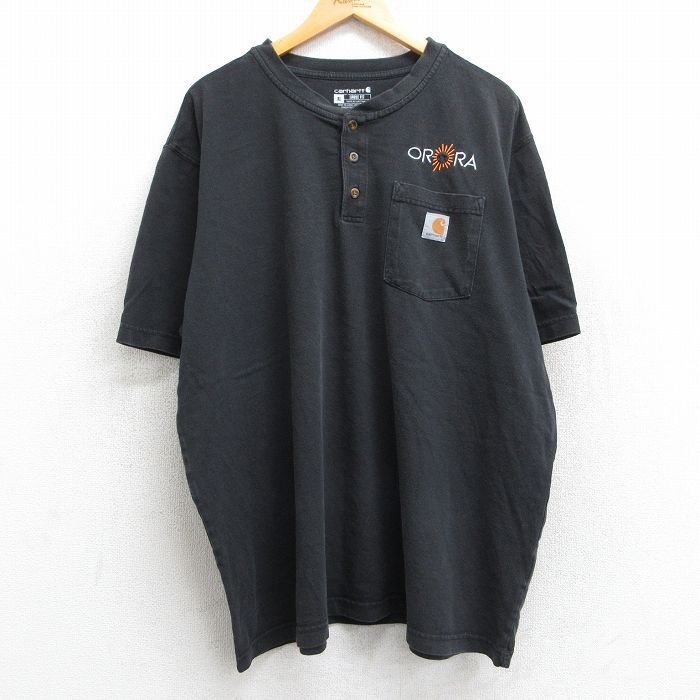 XL★古着 カーハート Carhartt 半袖 ブランド Tシャツ メンズ ワンポイントロゴ ORRA 胸ポケット付き 大きいサイズ コットン ヘンリーネック 黒 ブラック 25jul01 中古