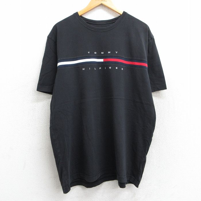 XL★古着 トミーヒルフィガー TOMMY HILFIGER 半袖 ブランド Tシャツ メンズ ビッグロゴ 刺繍 大きいサイズ コットン クルーネック 黒 ブラック 25jul01 中古