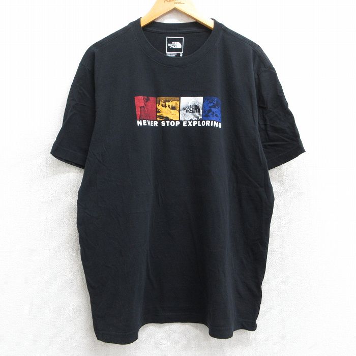 XL★古着 ノースフェイス THE NORTH FACE 半袖 ブランド Tシャツ メンズ ワンポイントロゴ EXPLORING 大きいサイズ コットン クルーネック 黒 ブラック 25jul01 中古